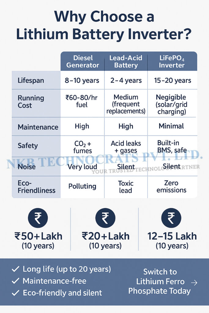 Comparison of Diesel Generator, Lead Acid Battery, and LiFePO₄ Inverter showing lifespan, cost, maintenance, safety, noise, and eco-friendliness. Highlights why lithium battery inverter is the best choice.